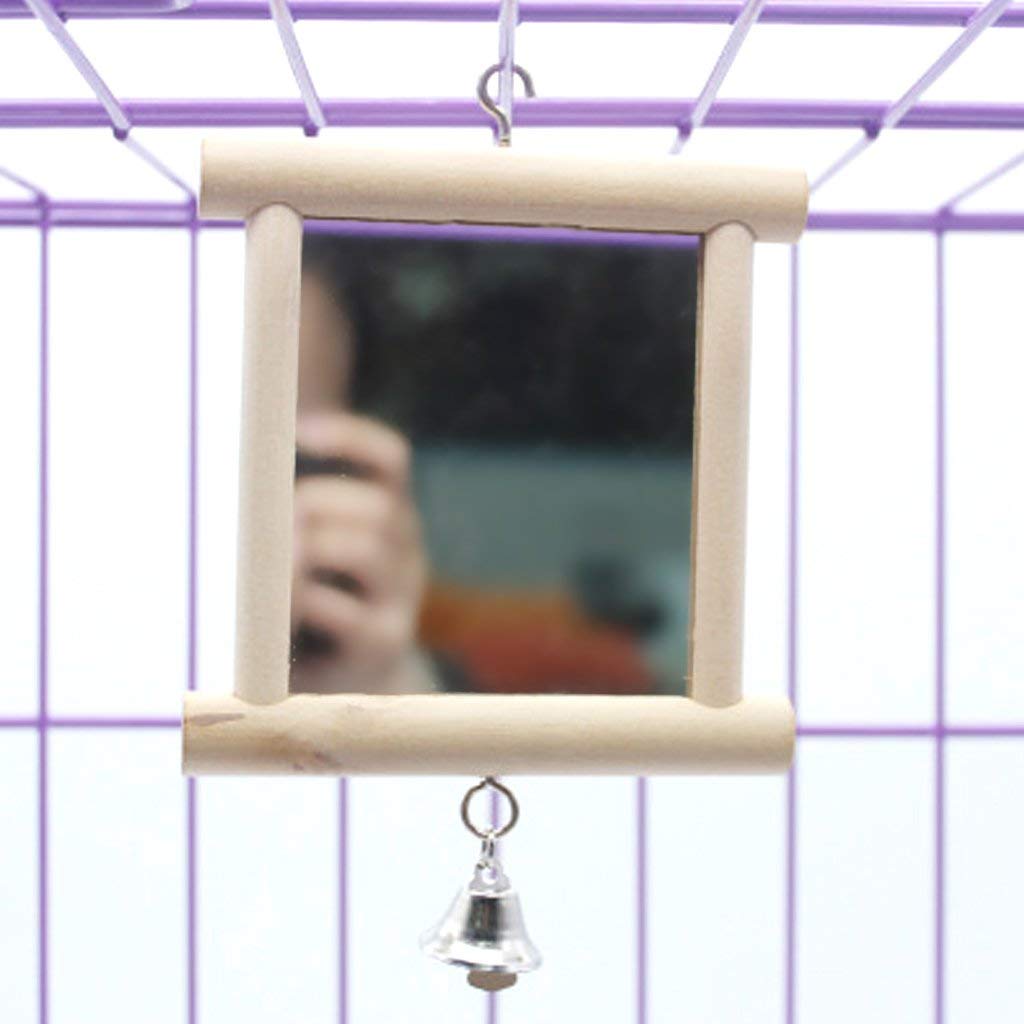 Bird Mirror Wooden Hanging Swing Interactive Play Toys For Small Parrot Budgies Macaw African Grey Parakeet Cockatiel Conure Lovebird Cage Accessories (Bird Mirror With Bell-2 Pcs)