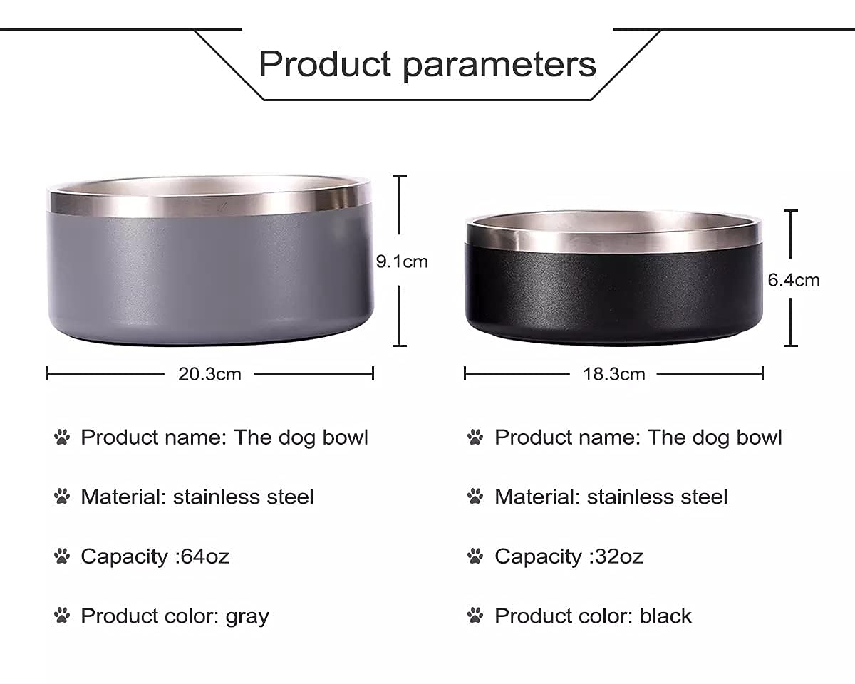 Gteller 32oz 64oz Stainless Steel Double Wall Dog Bowls,BPA Free Non-Slip Pet Dishes,Cat Food&Water Bowl with Rubber Base(64oz,