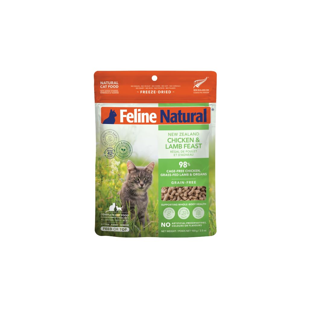 Feline Natural Grain-Free Freeze Dried Cat Food - Chicken & Lamb Feast, 3.5 Ounce - High Protein Cat Food from New Zealand, Natu