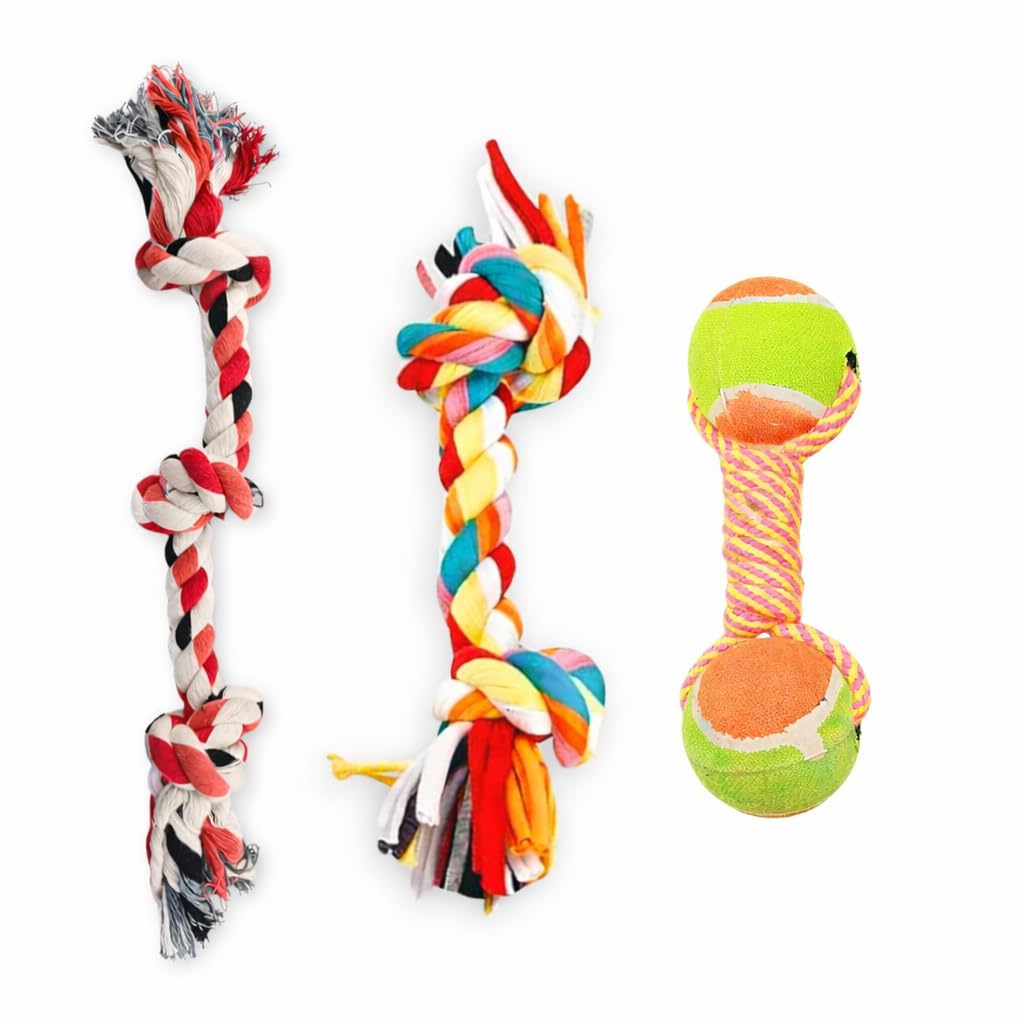 Kittupet 3 In 1 Cotton Rope Dog Chew Toy Combo For Puppies & Small To Medium Dogs | Durable Rope Toys For Teething, Training, De