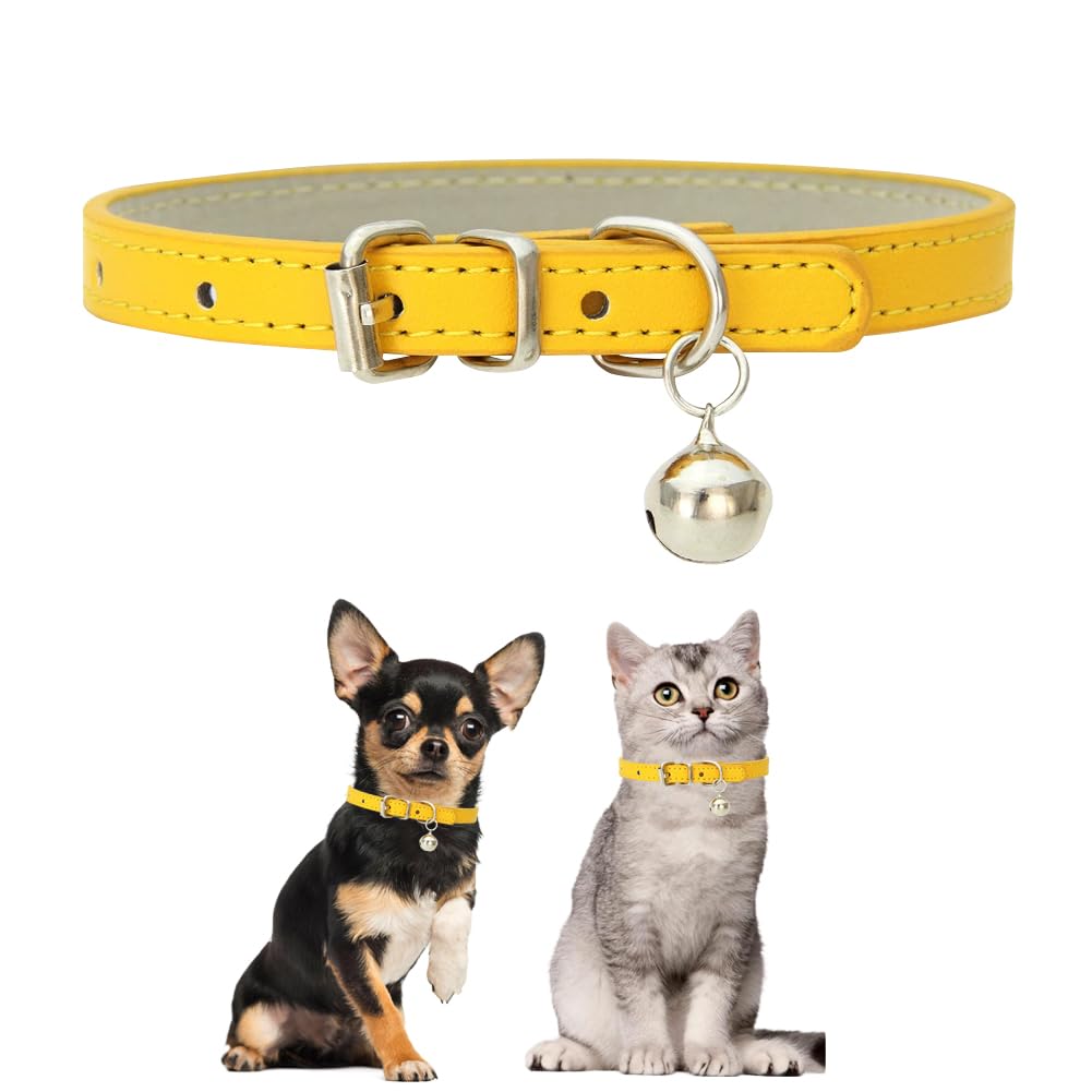 Gold Mefium Dog Collar With Bell,Soft Pu Leather Pet Collar Bells Adjustable Buckle For Xxs Extra Small Medium Tiny Male Boys Pe