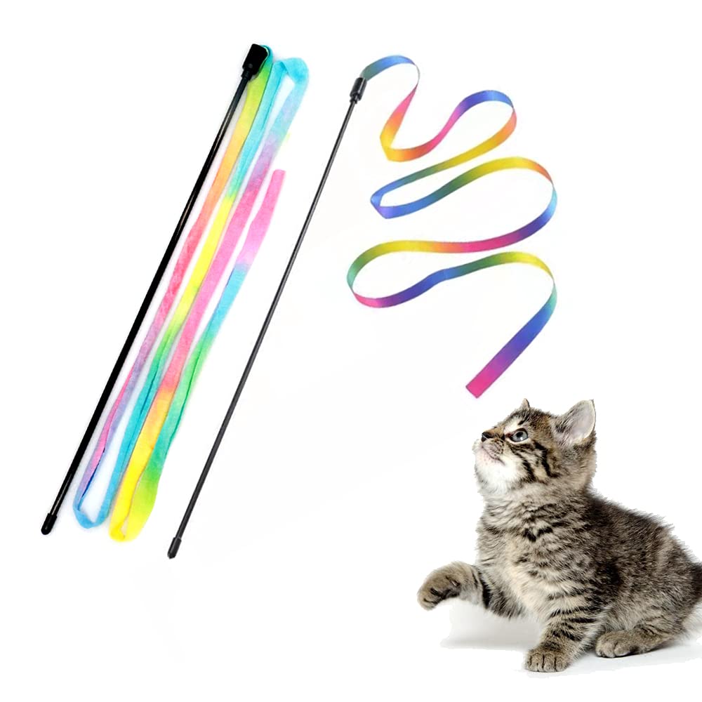 Lasocuhoo Interactive Cat Rainbow Wand Toys, Interactive Cat Teaser Wand String, Colorful Ribbon Charmer For Most Cats And Kittens - 2 Pcs