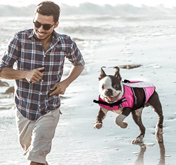 Dog Life Jacket Swimming Vest Lightweight High Reflective Pet Lifesaver With Lift Handle, Leash Ring Pink,Xs