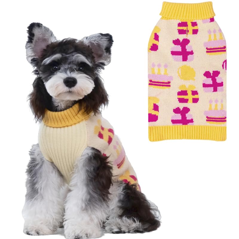 Cutebone Birthday Dog Sweater For Small Medium Dogs Gift Knit Yellow Turtleneck Pet Winter Clothes Cat Apparel With Harness Hole