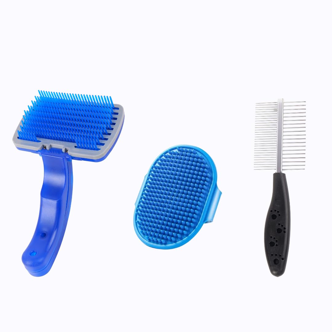 Pet Grooming Kit  Slicker Brush, Bath Brush & DeShedding Comb (3Piece Set), Pack Of 3