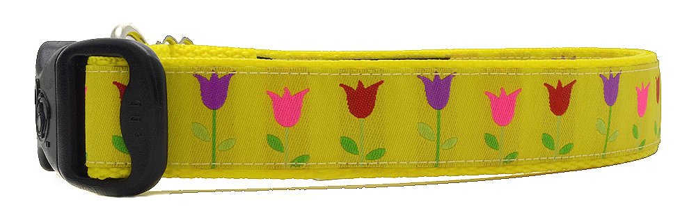 3 Dirty Dawgz Adjustable 1' Yellow Flower Spring Tulips Dog Collars For Medium Large And X-Large Dogs (Large 1' (17'-27' Nec
