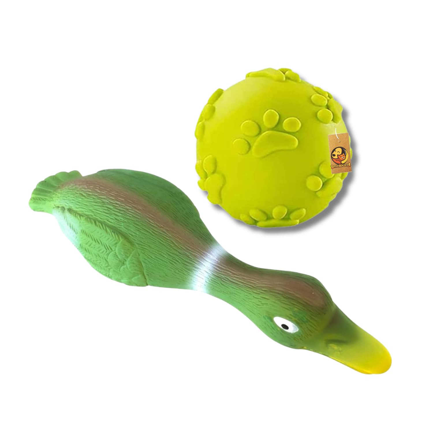 Foodie Puppies 2 In1 Latex Squeaky Chew Dog Toy Combo (Claw Ball + Green Mallard Duck) | NonToxic Interactive Durable Fetch Sof