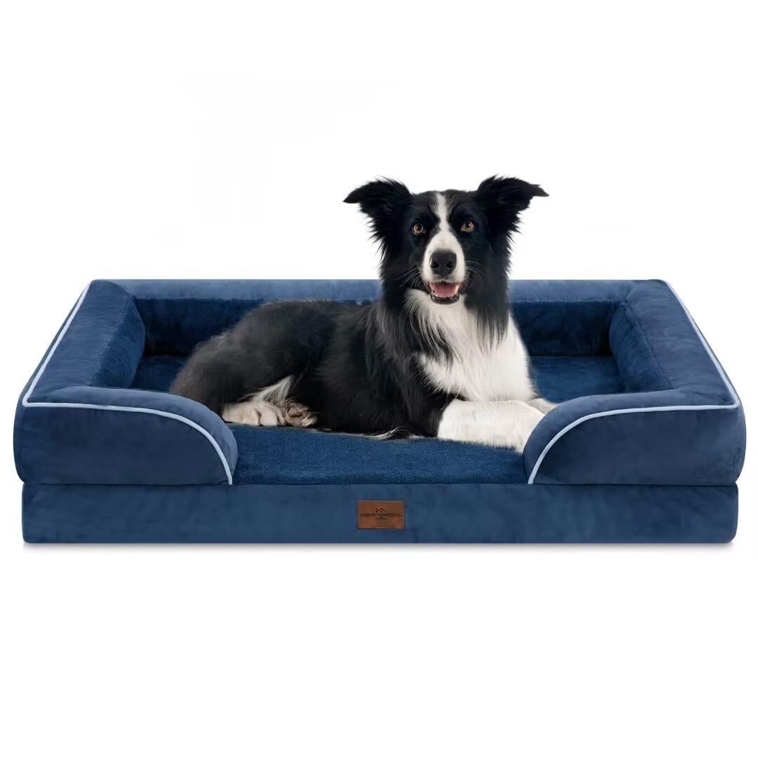 Comfort Expression Large Dog Beds, Waterproof Dog Beds Orthopedic Foam, Large Dogs Sofa Comfy Pet Bed With Washable Removable Cover & Non-Slip Bottom(Large,Navy Blue)