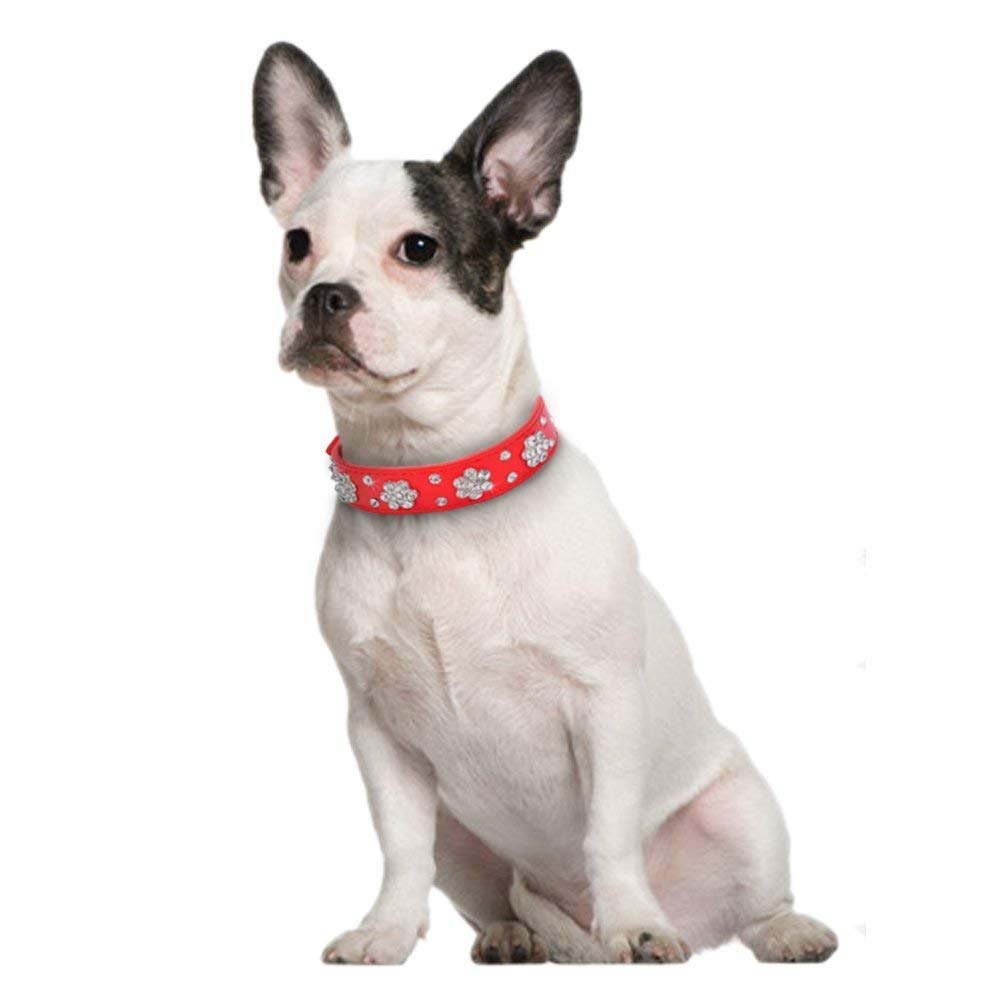 Serijoars Rhinestone Dog Collar, Cute Flower Rhinestone Bling Collar Pu Leather Adjustable Sizes Xs Small Medium (M, Red)