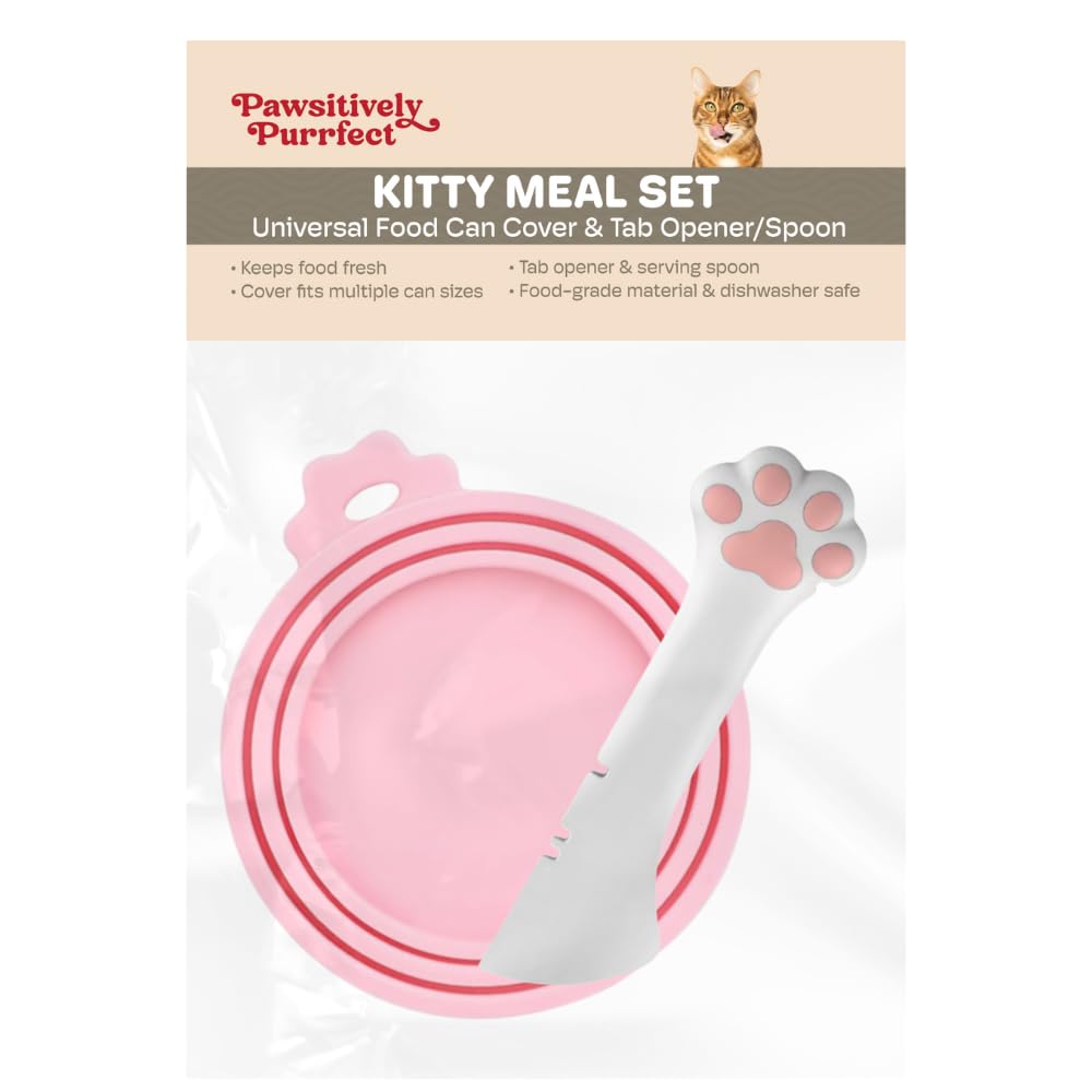 Poochie-Pets Pawsitively Purrfect Kitty Meal Set - Universal Cat Food Can Lid Cover and Paw Shape Universal Pink Can Opener and 