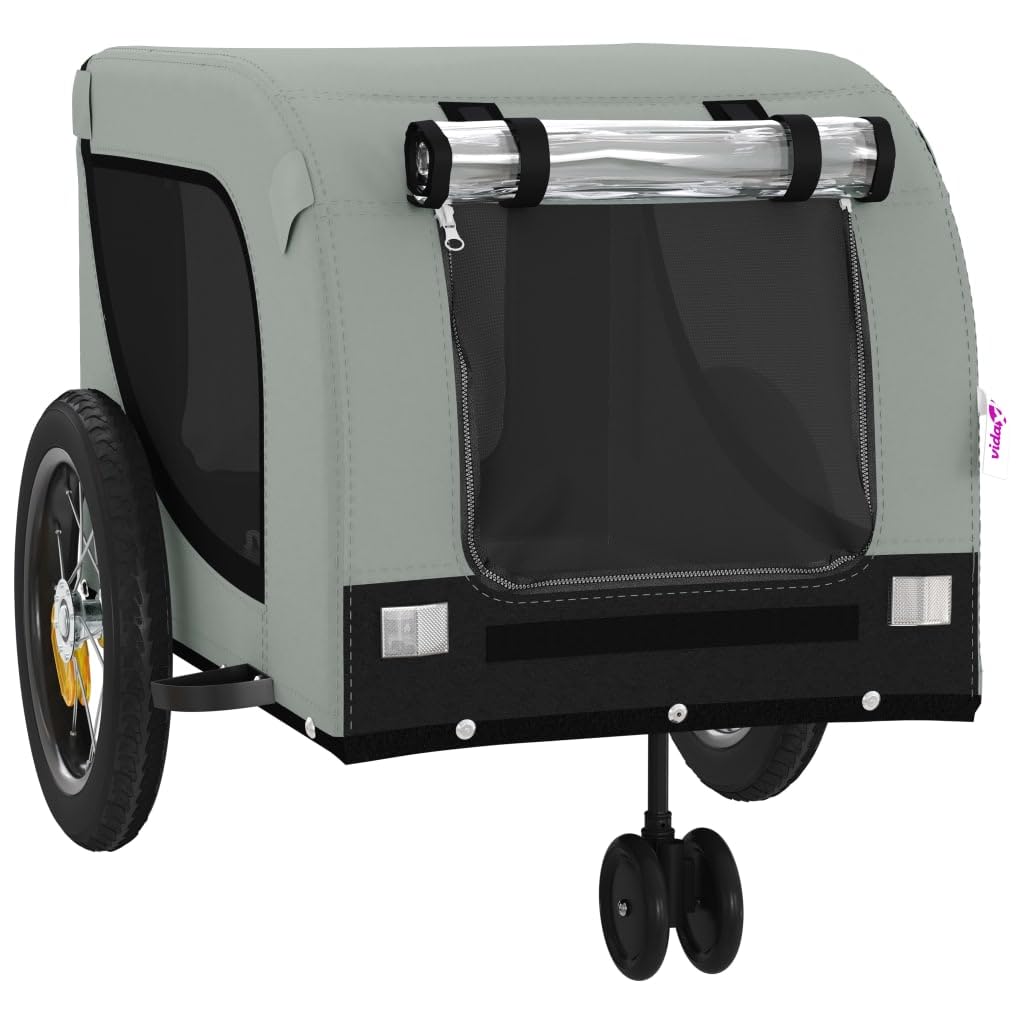 vidaXL Pet Bike Trailer Gray and Black - Sturdy Iron Frame - Oxford Fabric - Mesh Windows - Reflectors and Safety Flag - 48.8" x 20.9" x 20.9"