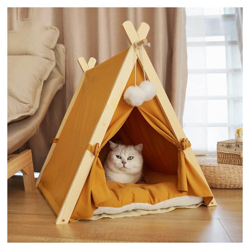 Solid Wood Cat Indoor Tent With Thick Mat,Portable Dog House Dog Teepee Tent,Cute Cat Teepee Cave Cat Bed,Dog Bed (Orange)