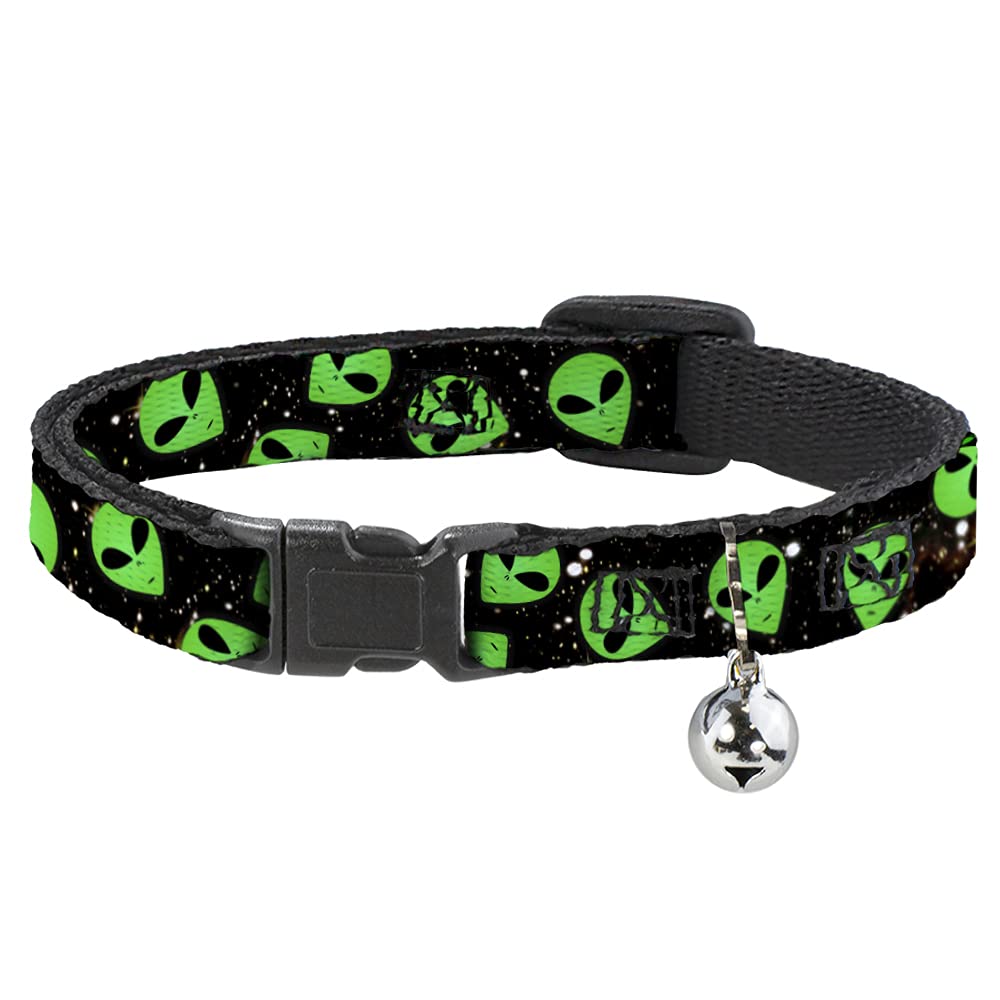 Buckle-Down Aliens Head Scattered, Breakaway Cat Collar With Bell, Plastic Clip, Easy Adjustable, 8.5 To 12''-0.5'' Wide