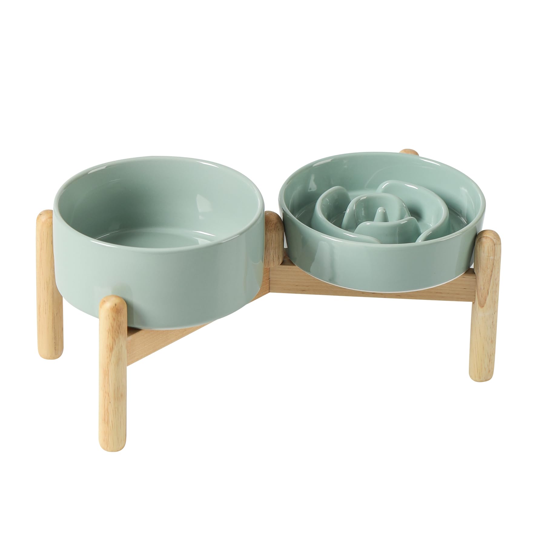 Havniva Ceramic 0.9 Cup Raised Slow Feeder Dog Bowl Set, Elevated 6.1inch Water Bowl and 6.1inch Slow Dish with Wooden Stand for