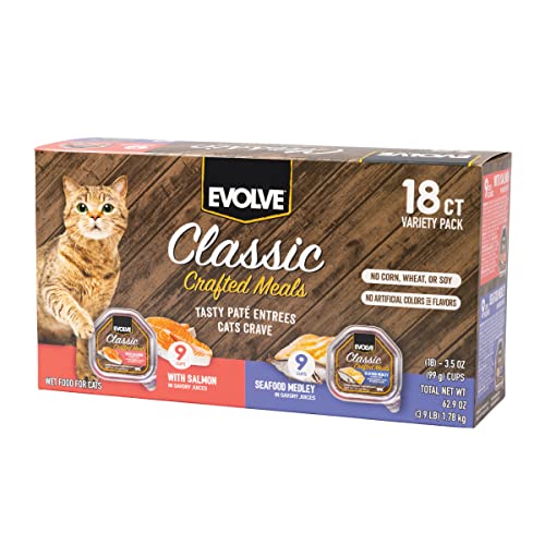 Evolve Classic Crafted Meals Cat Food Variety Pack with Salmon Recipe & Seafood Medley Recipe, 3oz (Pack of 18)