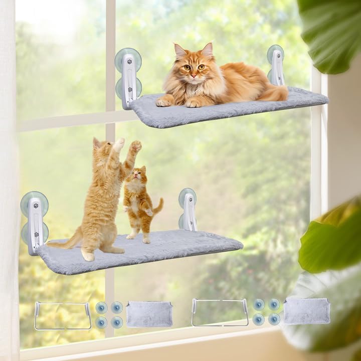 L&W Bros. 2 Pc Heavy Duty Cat Window Perch Holds Up To 50 Lbs, Foldable Cat Window Hammock With 4 Strong Suction Cups, Easy To I