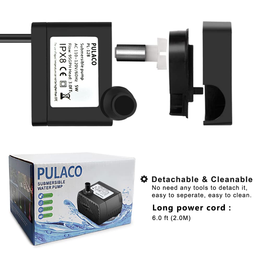 Pulaco 95Gph 5W Mini Submersible Water Pump For Aquarium Fish Tank, Pond, Fountain, Hydroponics