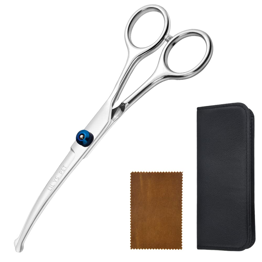 LILYS PET Stainless Steel Curved Scissor for Dogs & Cats, 6.5" Right-handed Grooming Tool, Blue/Silver
