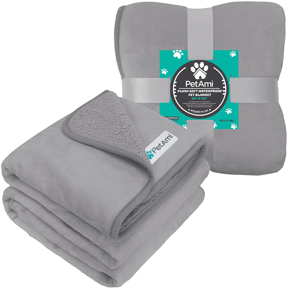 Petami Waterproof Dog Blanket For Small Medium Dogs, Pee Proof Pet Blanket Sherpa Fleece Couch Cover, Reversible Cat Throw Bed Sofa Protector, Soft Plush Washable Pad (Medium 29X40, Light Gray)