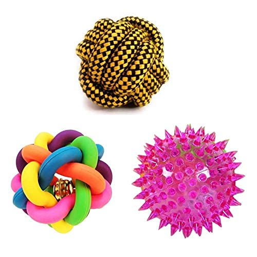 Woofy Combo Of 3 Durable Puppy & Small Dogs Ball Toy Combo | Rope Ball Toy | Rainbow Ball | Led Teething Ball Toy (Combo Of 3)
