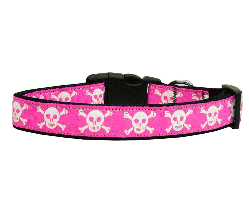 Pet Dog & Cat Nylon Collar or Leash, "Pink Skulls" MD Narrow Collar