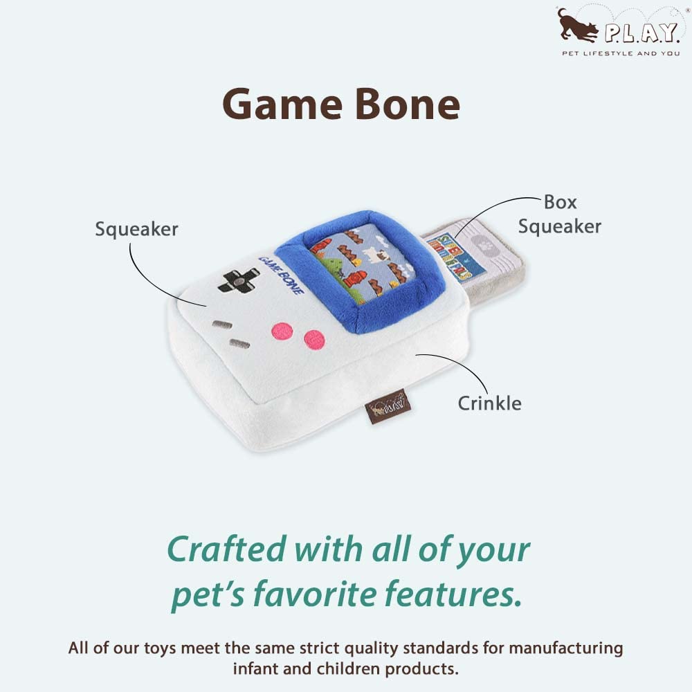 P.L.A.Y. Cute Plush Dog Toy - 2-in-1 Squeaker Chew Toy, Small, Grey, Game Bone Handheld Console, Machine Washable, Durable