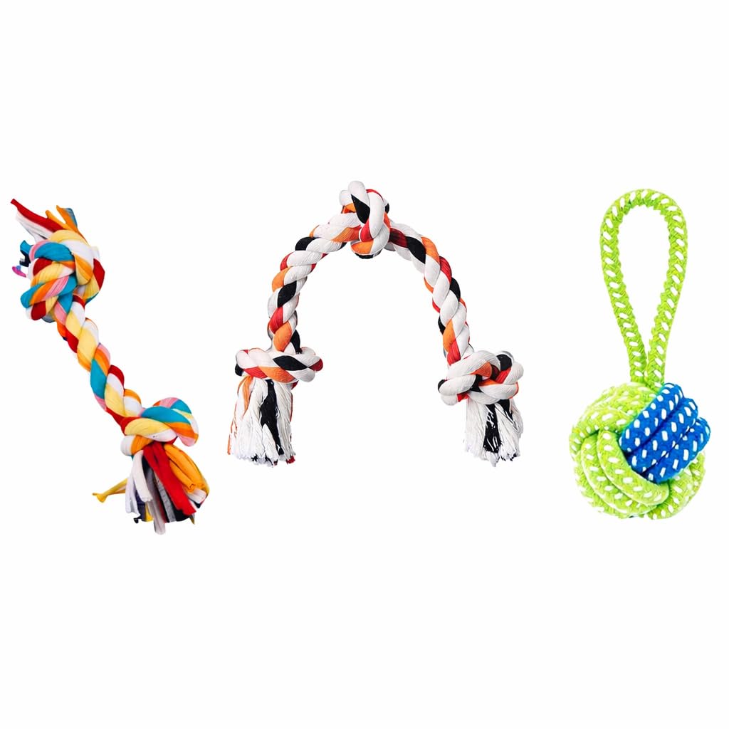 Kittupet Cotton Rope Dog Toys + Dog Chew Rope Combo + 2 Knot Rope + 3 Knot Rope + Handle Ball Rope | Teeth Cleaning, Teething & 