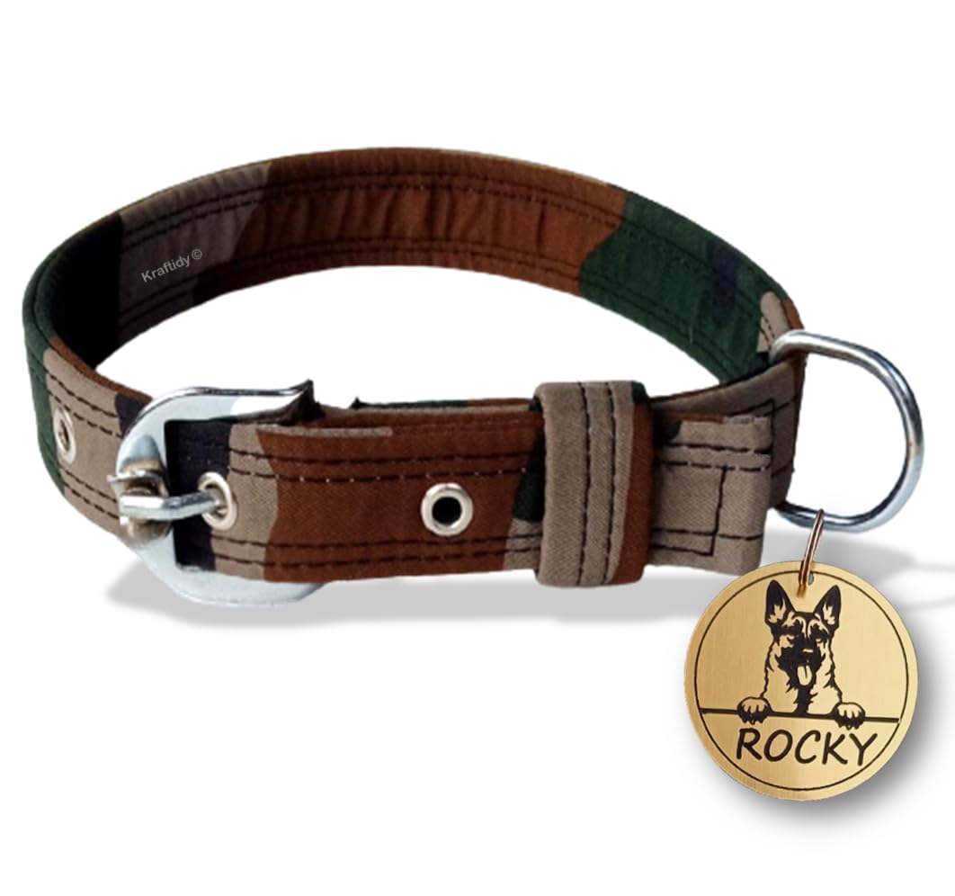 Kraftidy Dog Collar Belt With Name Tag Id Customized For Small Medium Large Dogs Military Army Print Neck Collar With Personaliz