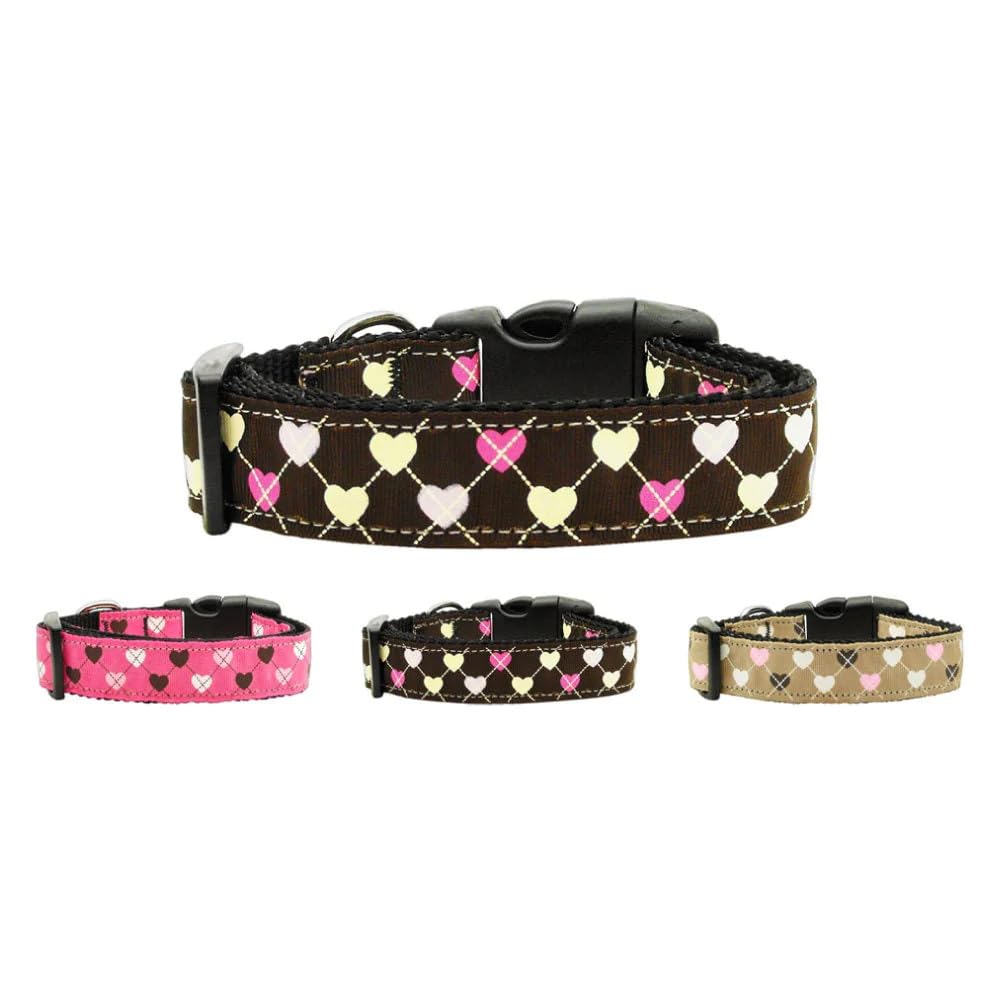 Pet Dog & Cat Nylon Collar or Leash, "Argyle Hearts" Brown 3/8" w x 6 ft. leash