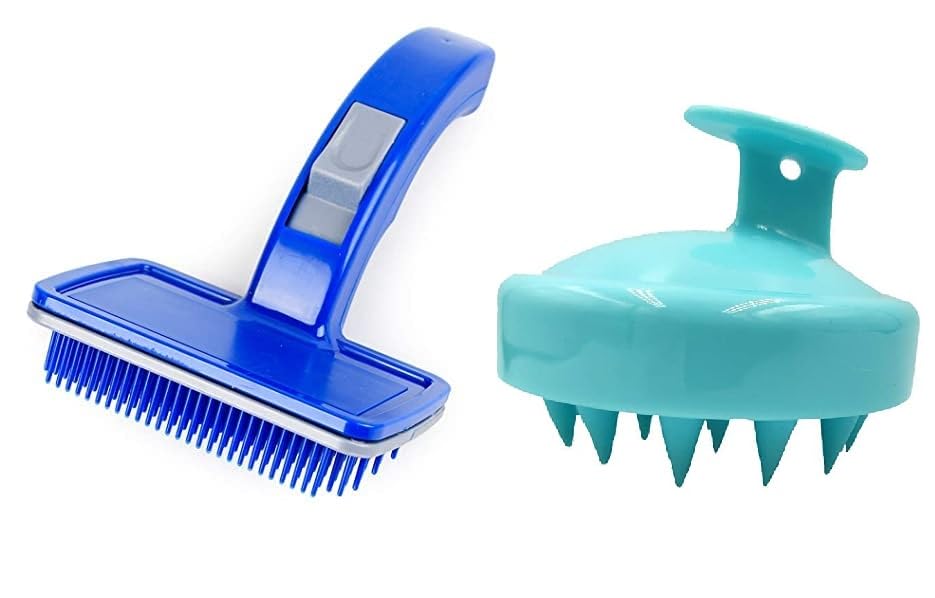 PSK PET MART Pet Grooming Combo of SelfCleaning Slicker Large and Massaging Brush for Dogs & Cats | PushButton Clean, Retracta