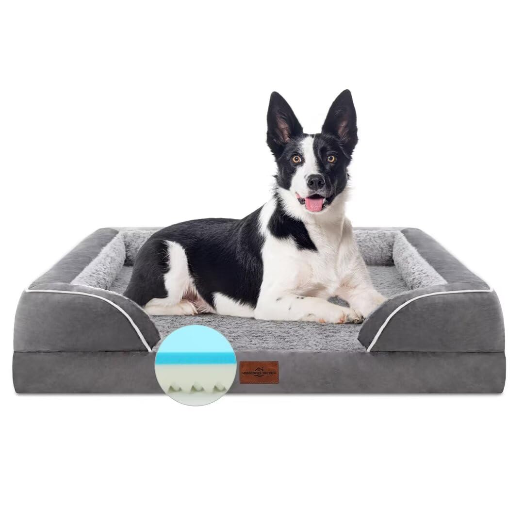 Comfort Expression Cooling Dog Bed For Large Dogs, Orthopedic Memory Foam Dog Bed, Waterproof Dog Beds, Washable Dog Bed With Removable Cover,Pet Bed Dog Sofa With Bolster(Large,Silver Grey)