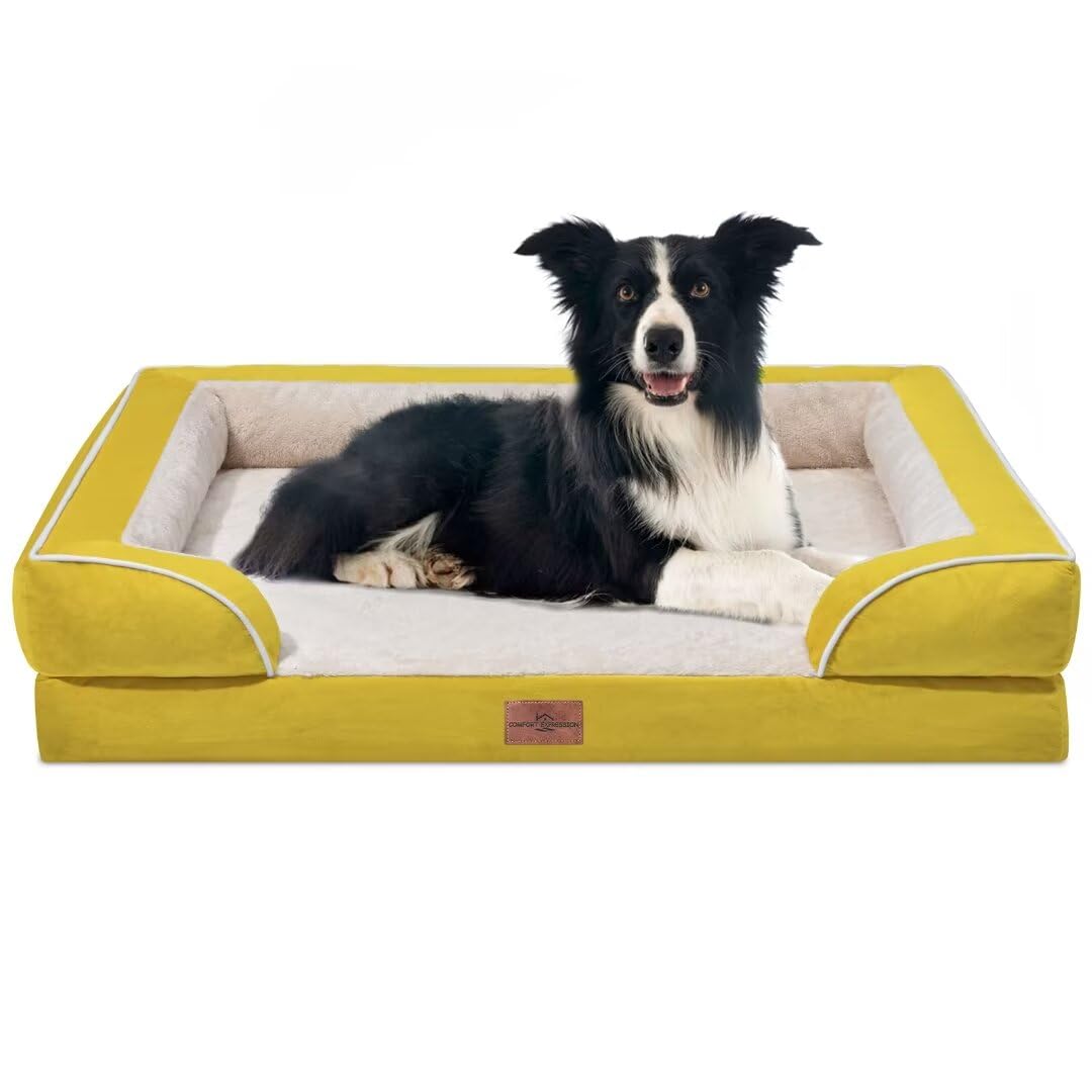 Comfort Expression Waterproof Dog Beds Large Sized Dogs, Large Dog Beds Orthopedic Foam, Comfy Pet Bed Sofa With Washable Removable Cover & Non-Slip Bottom(Large,Spicy Mustard)