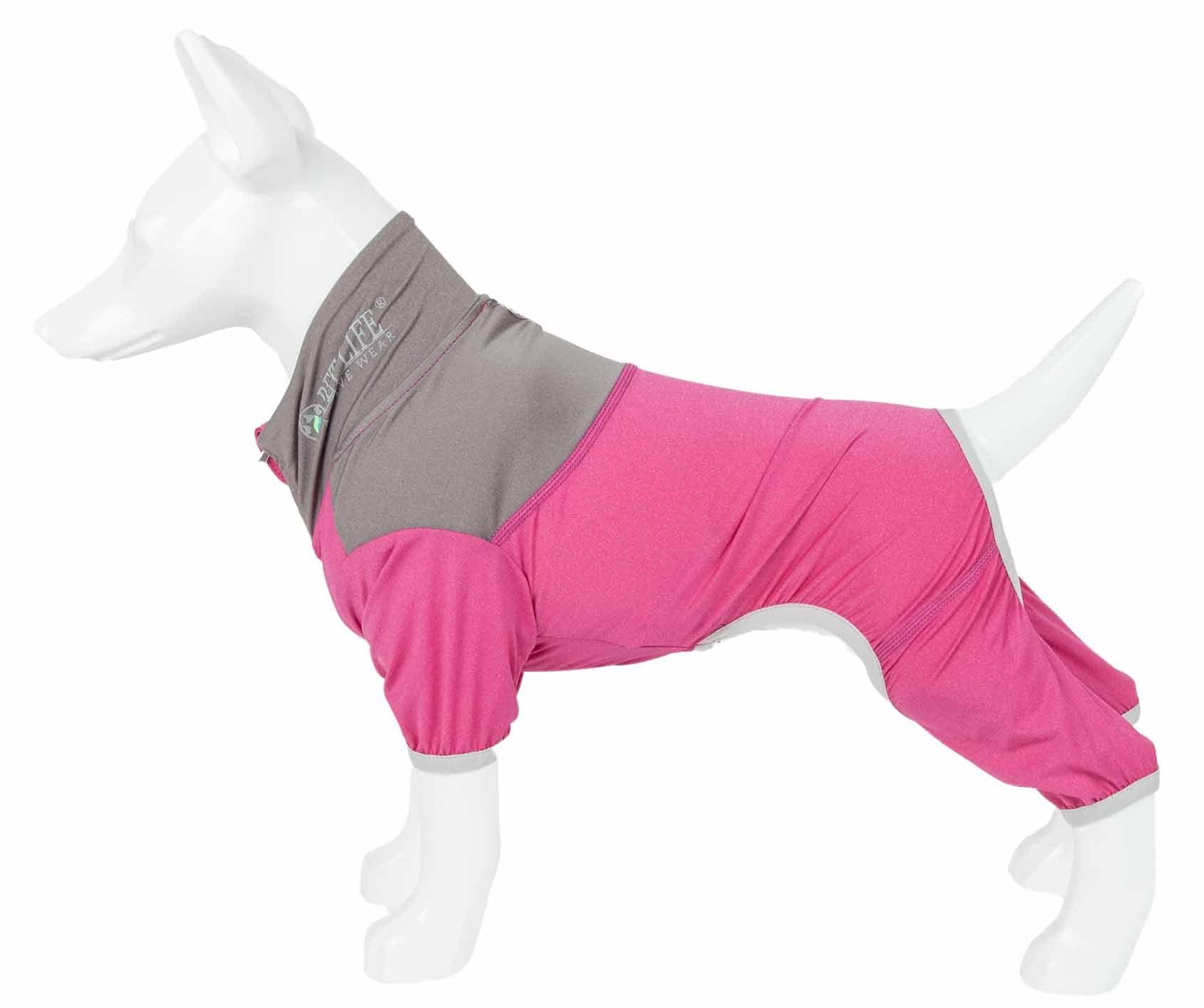 Pet Life  Active 'Embarker' Heathered Performance 4-Way Stretch Two-Toned Full Body Warm Up, Pink And Grey  - X-Large