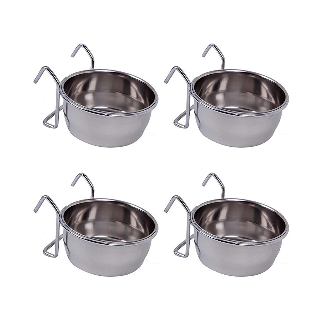 Pets Empire Best Stainless Steel Birds Coop Cup Feeder Bowl (200Ml X 4, Coop Cup Hook Holder)