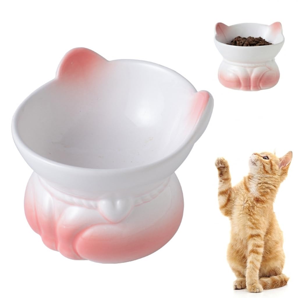 Qpets Elevated Cat Bowl, Ceramic Pet Cat Dog Food Bowl, NonSlip & Easy Clean & AntiVomit Pet Feeding Dish Aids Digestion & Red