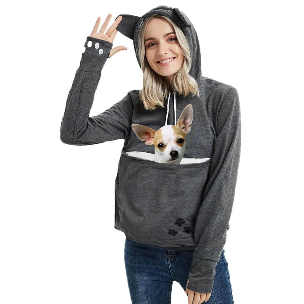 Jomago Womens Pet Carrier Thin Hoodies Kitten Puppy Pouch Shirts Animal Holder Hood Long Sleeve Sweatshirt Thin Dark Grey