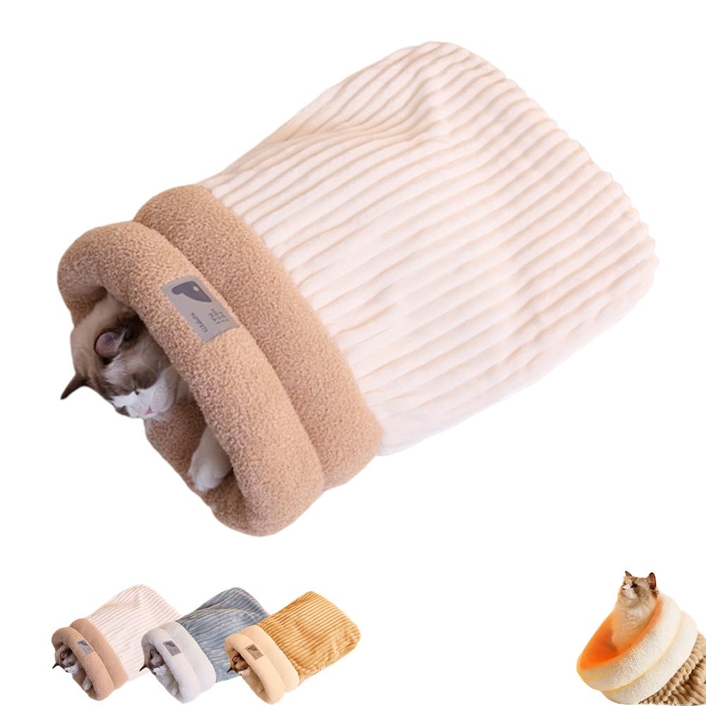 Zhuanxua Cat Winter Sleeping Bag, Soft Plush Cat Cave Bed For Indoor Cats, Kitten, Puppy (Beige, L-21 X18)