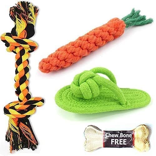 Rvpaws Durable Cotton Chewable Rope Teething Playing Toy For Puppies, Combo Pack Of 3 + 1 Calcium Bone Free (Multi Color)