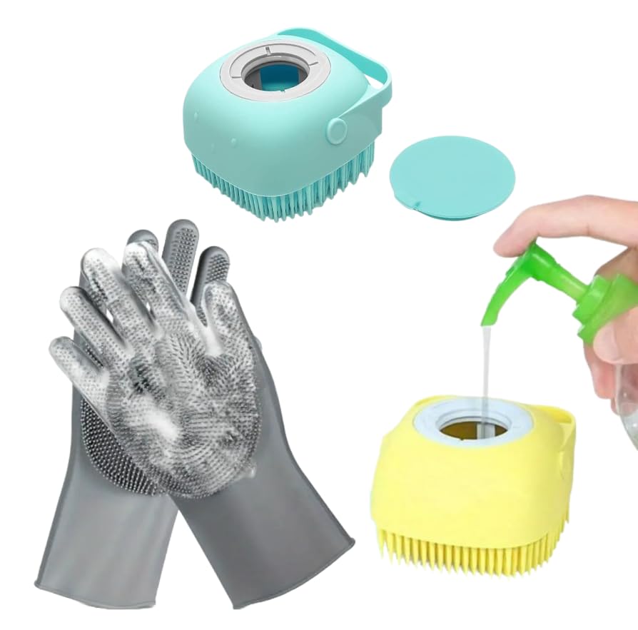 Silicon Pet [Dog+Cat] Bathing Hand Gloves + Pet Grooming Bath Brush Silicone Dog Shampoo Brush, Brush Hair Fur Grooming Cleaning