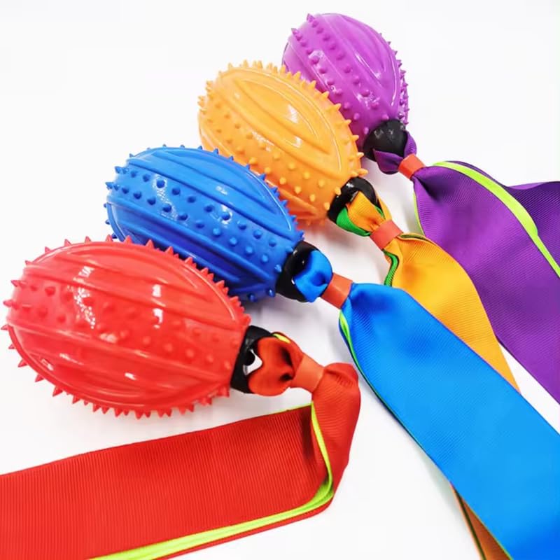 Psk Pet Mart Ribbon Throwing Rubber Ball Toy For Dog Rugby Rubber Squeaky Grenade Interactive Toy