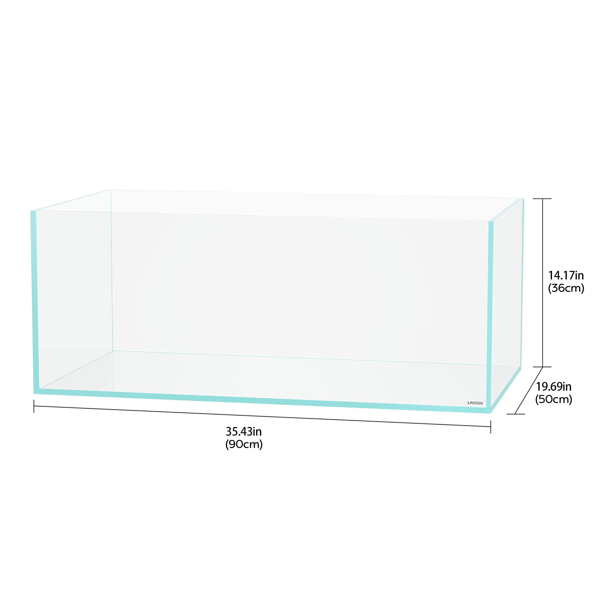 LANEDN 90S 39 Gallon Shallow Tank Rimless Low Iron Tank 35.4 L    19.7 W    14.2 H (90cm x 50cm x 36cm); 10mm Thickness Aquascap