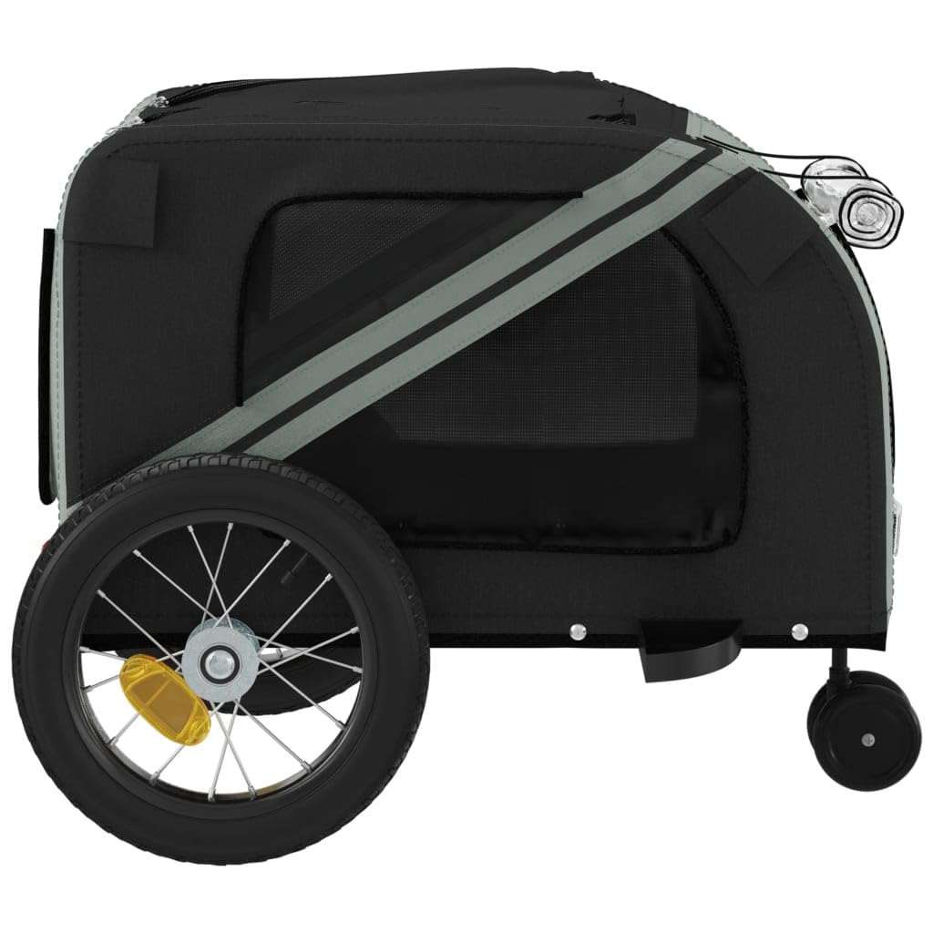 vidaXL Pet Bike Trailer - Gray/Black - Oxford Fabric/Iron - 48" x 20.5" x 20.9" Cabin - Small Pets/Dogs - Smooth Ride Reflectors & Flag