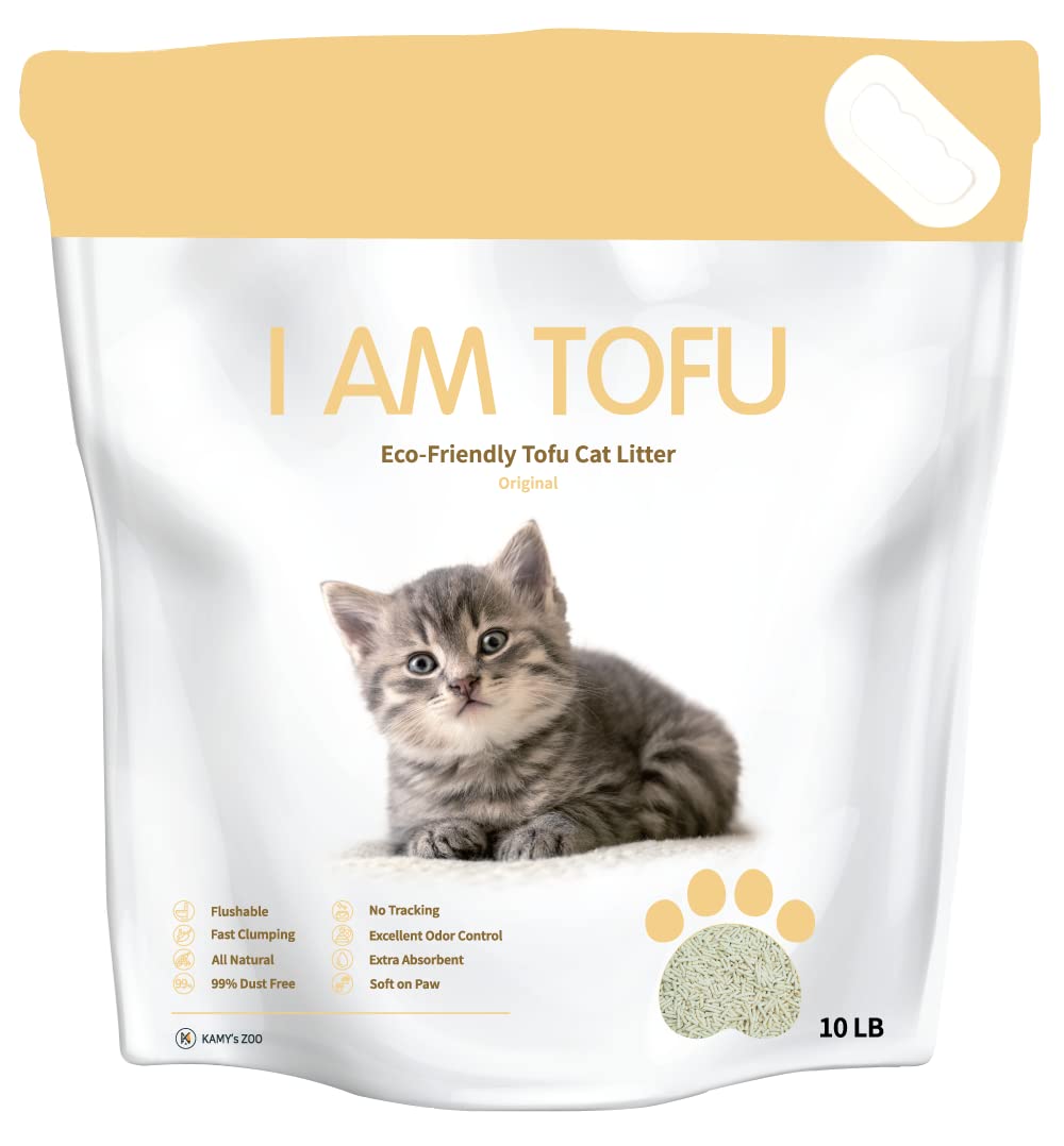 I AM TOFU - Tofu Cat Litter, Natural, Flushable, Dust Free, Extra Clumping Pellet Litter (10 LBS, Original)