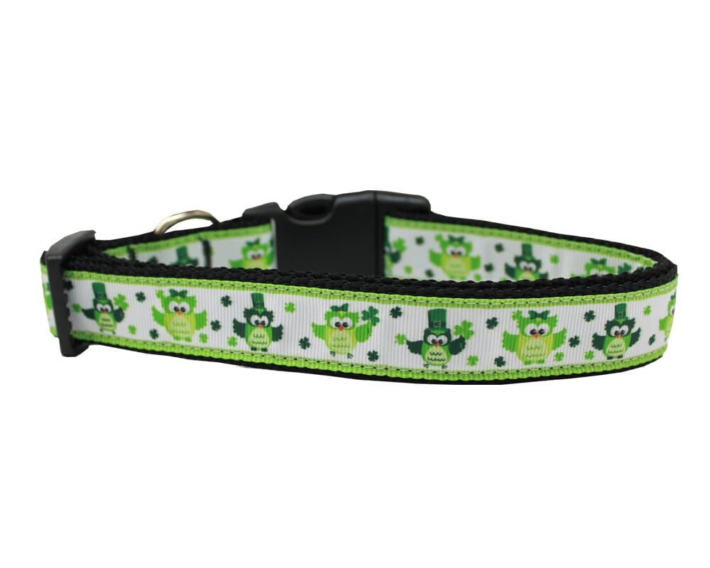 Pet Dog & Cat Nylon Collar or Leash, "St. Patty's Day Party Owls" XS Collar