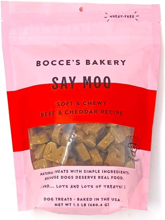 Say Moo Dog Treats. Bocces Bakery. Soft & Chewy Beef & Cheddar Recipe. 1.5 lb.