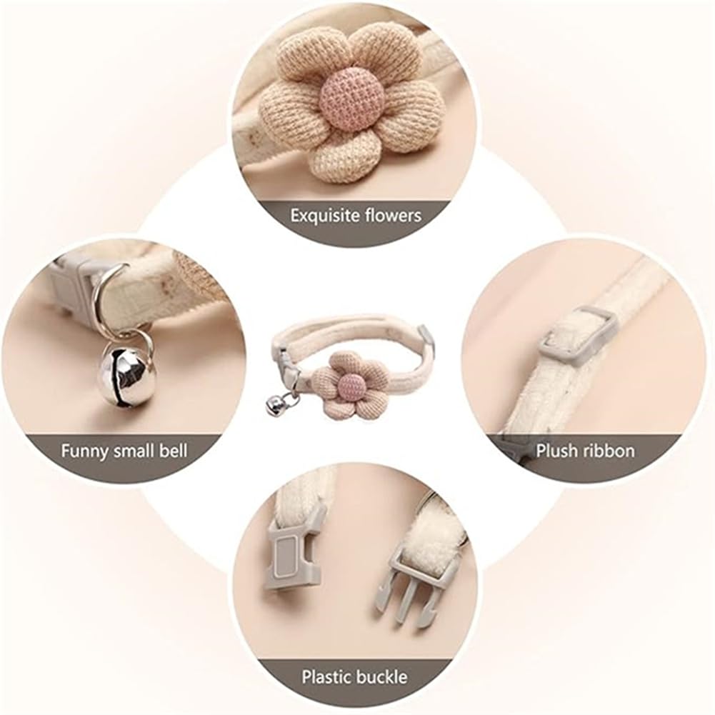 Small Cat Collar With Bell,(2 Pack Pink+Beige) Small Dog Collar With Bells Flower Suede Girl Cute Fancy Puppy Collar With Bells