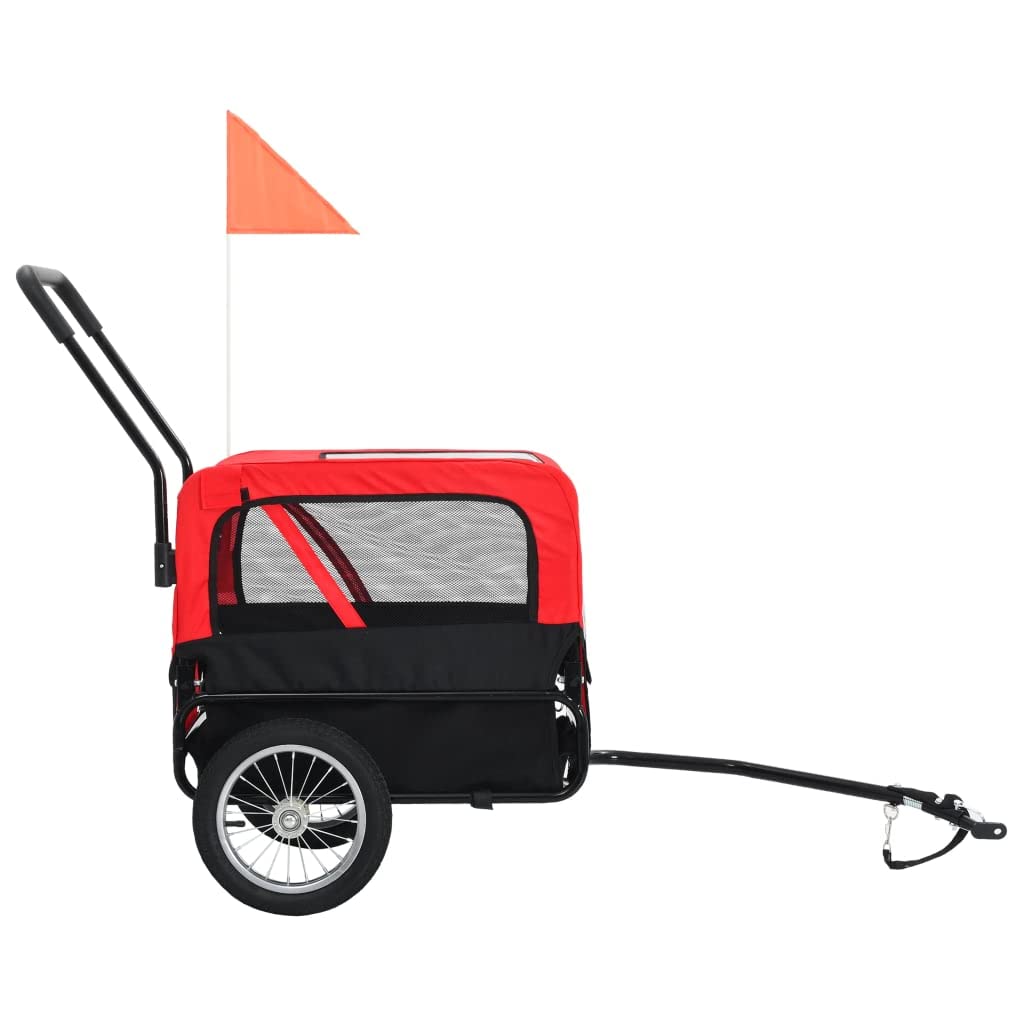 vidaXL 2-in-1 Pet Bike Trailer and Jogging Stroller, Versatile with Quick Conversion, Sturdy Steel Frame, Water-Resistant Oxford Fabric, Mesh Windows, Red and Black