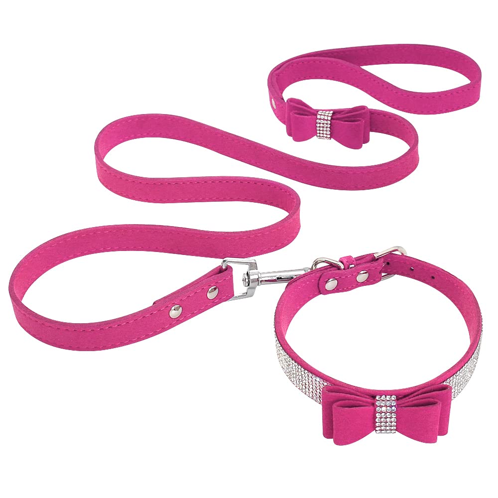 Beirui Rhinestone Bling Leather Dog Collar And Leash Set - Soft Flocking Sparkly Crystal Diamonds Studded - Cute Double Bowknot Collar With 4 Foot Leash For Pet Show,Hot Pink,Neck Fit 10-12.5'