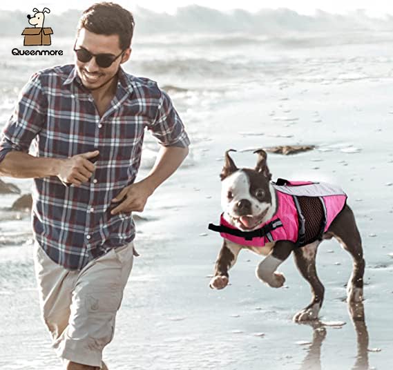 Dog Life Jacket Swimming Vest Lightweight High Reflective Pet Lifesaver With Lift Handle, Leash Ring Pink,S