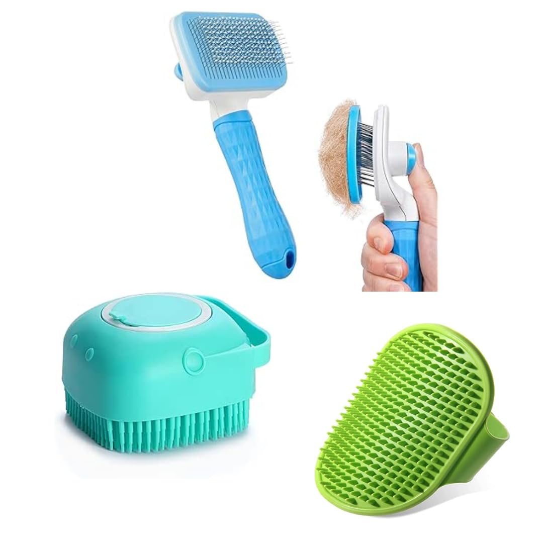 Healing Leaf Pet Grooming Kit | 3 In 1 Grooming Set For Dog & Cat | SelfCleaning Slicker Brush, Soap & Shampoo Dispenser With So